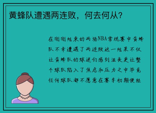 黄蜂队遭遇两连败，何去何从？